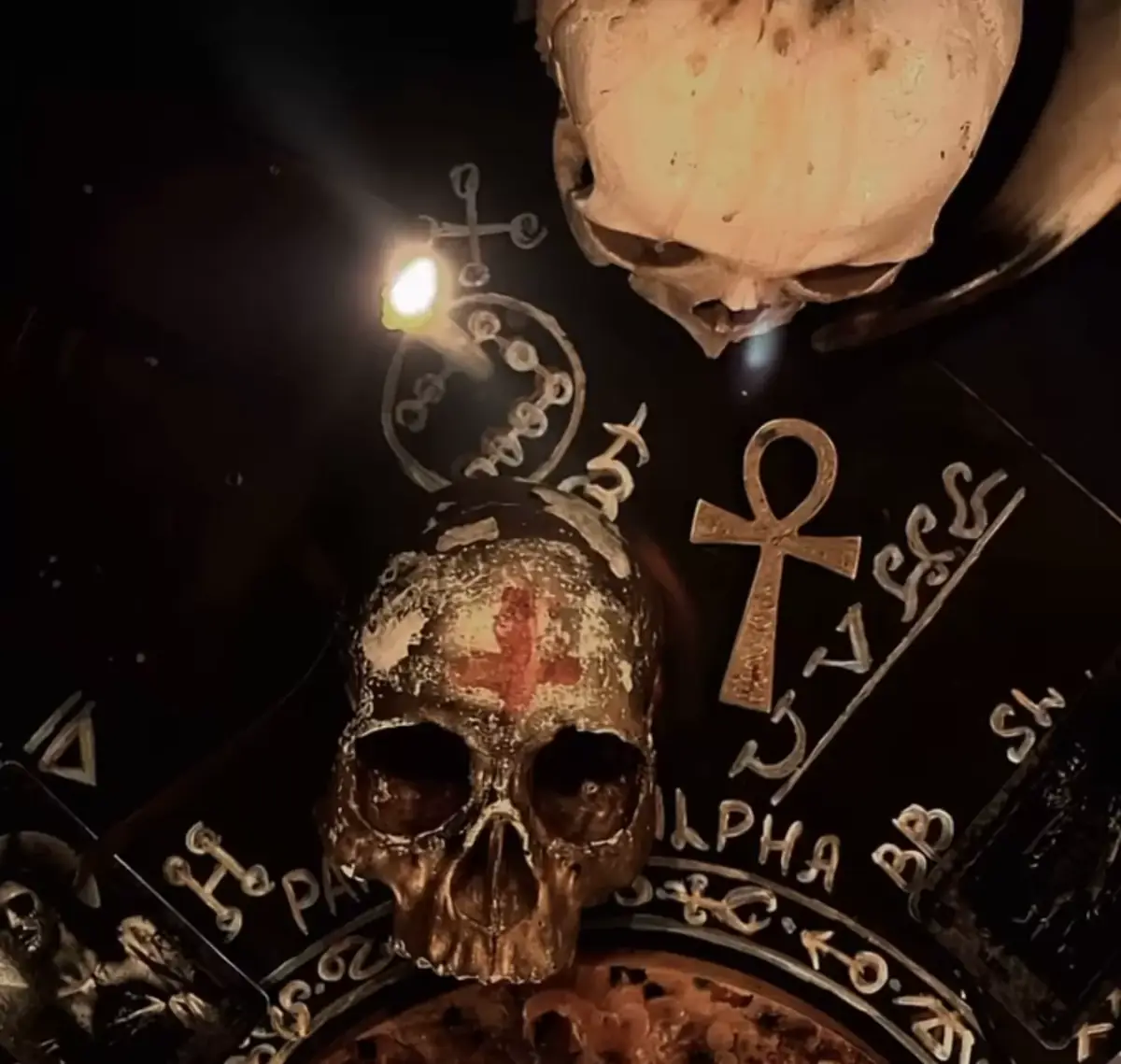 Teschio inciso con l'ankh sul cerchio rituale
