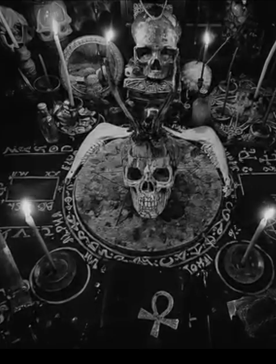 Il cerchio dell'opera al nero visto dall'alto, fra candele e palchi di cervo